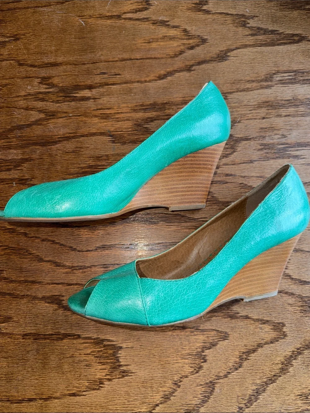 Miz Mooz Teal Peep-Toe Wedge Pumps